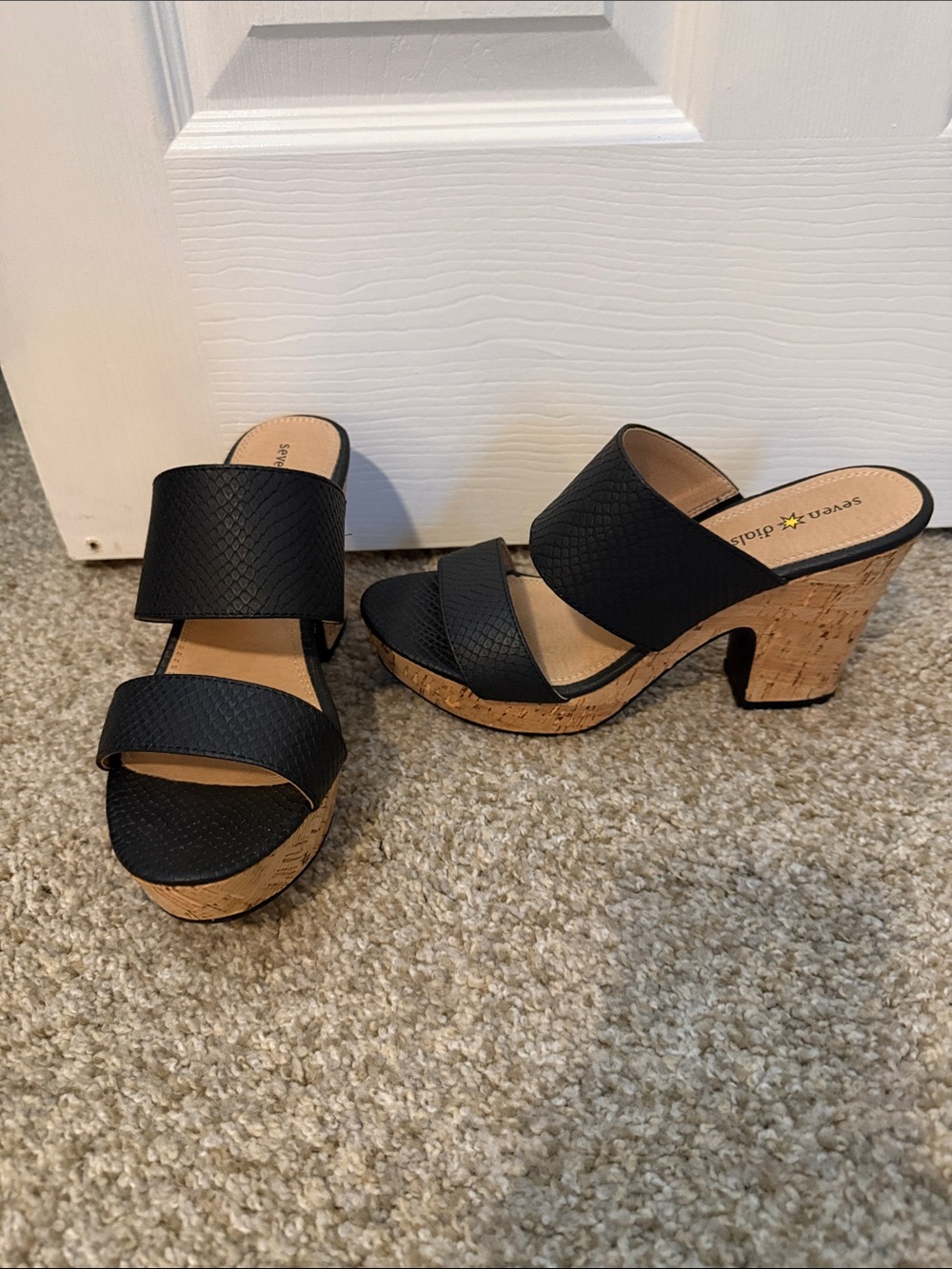 Seven Dials Black Cork Platform Wedge Slides